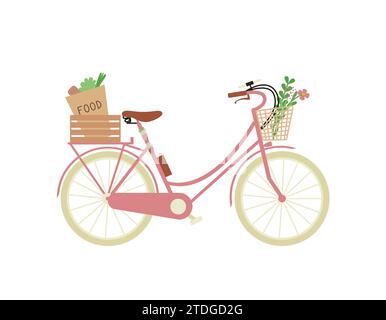 Bicycle as ecological city transport with grocery bag in basket, bunch of flowers, smartphone, bottle of water. Vector cartoon illustration Stock Vector
