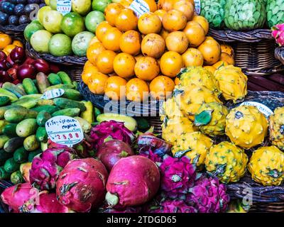 Fresh fruit displayed on a stall in the Mercado do Lavradores in Funchal, Madeira. Stock Photo
