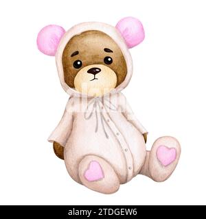 Cute baby bear in pajamas. Watercolor children's illustration. Baby shower, birthday, children's party. Design element for invitations, cards, packagi Stock Photo