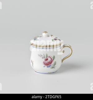 Covered pot with bouquets, Manufacture de Sèvres, c. 1787 Porcelain lid jar (Roompot) with a light pear -shaped body and curled ear, painted on the glaze in blue, red, pink, green, yellow, purple, black and gold. The belly is decorated with different bouquets and sprinkling flowers. The foot and edge with a blue line, interrupted by twice a sloping gold strip. On the edge above this line a golden band of half bulbs. The lid with the same decoration; Lid button in the form of a fruit branch with a gold rosette .. marked on the bottom with the double L with annual letter II, including a N. Sèvre Stock Photo