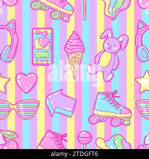 Seamless pattern with fashion girlish items. Colorful cute teenage background. Stock Vector