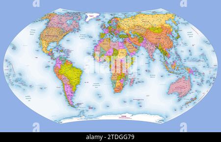 Spanish language political world map Wagner VII projection Stock Vector