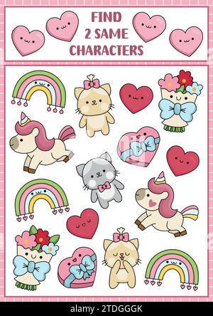 Find two same characters. Saint Valentine kawaii matching activity for children. Love holiday educational quiz worksheet for kids for attention skills Stock Vector