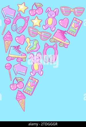 Background with fashion girlish items. Colorful cute teenage illustration. Stock Vector