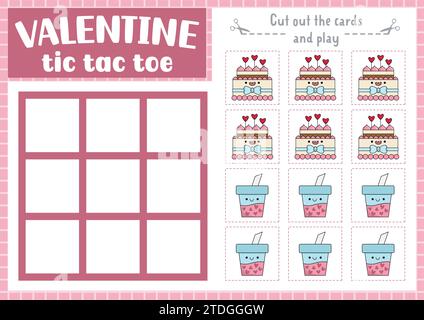 Vector Saint Valentine tic tac toe chart with cake and drink with hearts. Kawaii board game playing field with cute characters. Funny love holiday pri Stock Vector