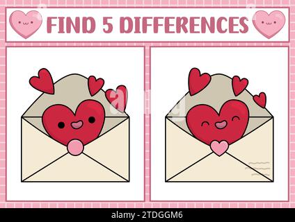 Saint Valentine kawaii find differences game for children. Attention skills activity with cute opened envelope with heart. Love holiday puzzle for kid Stock Vector