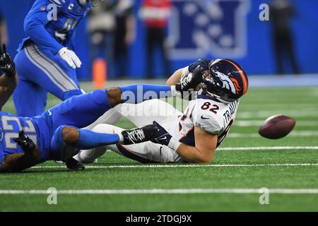 Denver Broncos tight end Adam Trautman (82) reacts against the Las ...