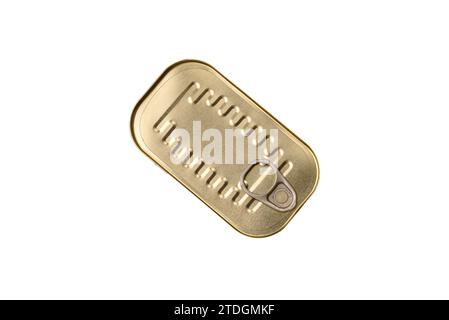 Metal aluminum can of canned sardines in oil with spices and salt on a dark concrete background Stock Photo