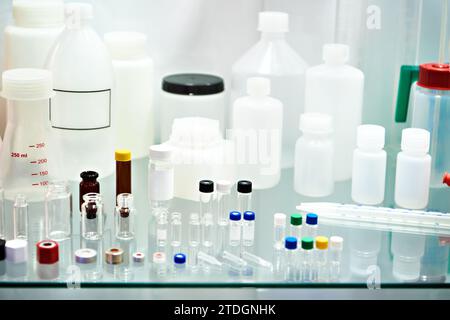 Laboratory glass and plastic dishes, bottles, jars and flasks Stock Photo