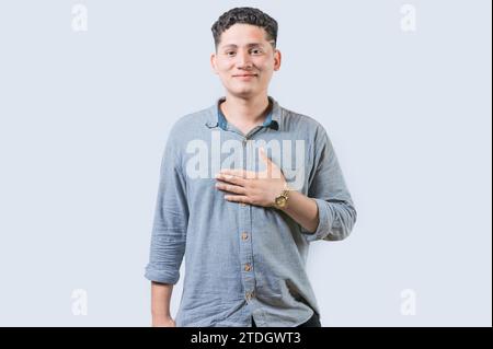 Person making PLEASE gesture in sign language isolated. People showing PLEASE gesture in sign language. Non-verbal communication concept Stock Photo