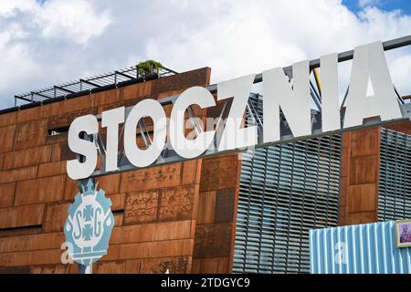 Historic old factory gate of the Gdansk shipyard, lettering Stocznia GdaÅ„sk, entrance to the European Centre of Solidarity, Europejskie Centrum Stock Photo