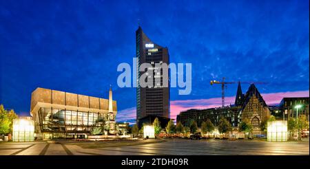 Augustusplatz is located at the end of Grimmaische Strasse in Leipzig. It is approx. 40, 000 mÂ² in size and is surrounded by the opera house Stock Photo