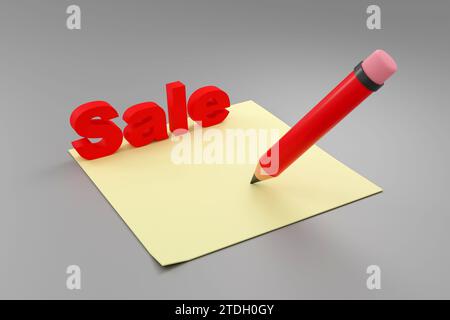 Luxury red inscription Sale on grey podium with empty note, soft light, front view smooth background, 3d rendering Stock Photo