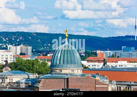 View from the Hausmannsturm tower to the east of Dresden, in the foreground the glass dome with the Fama, the new Saxon Art Association, in the Stock Photo