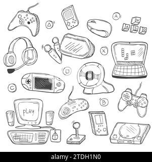 Video Games Computer Player Doodle Icons Sketch. Hand drawn Design Vector Stock Vector