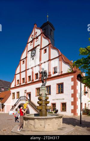 Grimma town hall. In the historic old town, the imposing Renaissance town hall stands out as the centre of the town Stock Photo