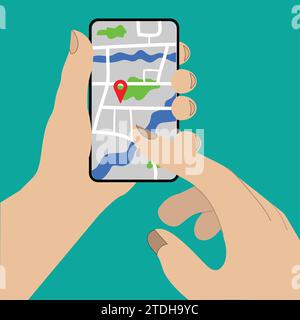Mobile phone map App, GPS app on cell phone with hand pointing to screen Stock Vector