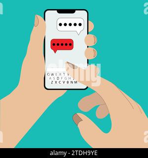 Text Message on Mobile Phone with hand pointing at screen.  SMS Messaging on Smartphone Stock Vector