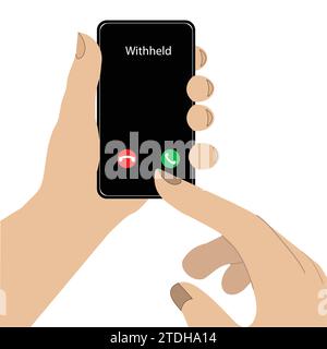 Mobile phone with incoming call, Hand on cellphone with withheld call being received Stock Vector
