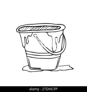 Paint can and brush. Paint bucket with color paint and brush hand drawn vector illustration. Stock Vector