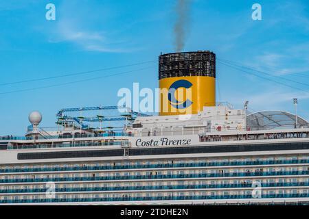 The funnel on the Costa Firenze cruise ship moored in the Cruise Terminal Ostseekai, Kiel, Germany. Stock Photo