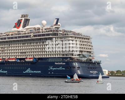 The Mein Schiff 6 (TUI Cruises) sailing away from the Cruise Terminal Ostseekai, Kiel, Germany. Stock Photo