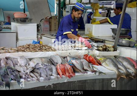 Fresh fish displayed on a stall at Jeddah Central Fish Market on the shores of the Red Sea in Saudi Arabia Stock Photo