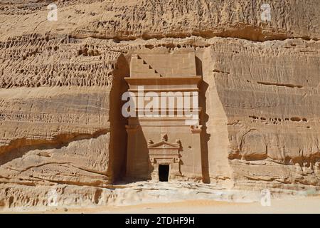 Rock cut Nabatean tomb at Hegra in Saudi Arabia Stock Photo