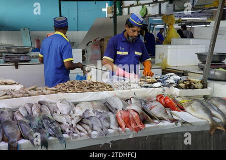 Fresh fish displayed on a stall at Jeddah Central Fish Market on the shores of the Red Sea in Saudi Arabia Stock Photo