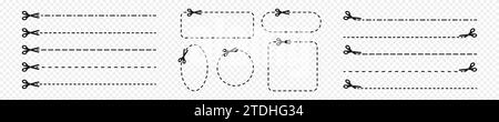 Set of cut here icons. Scissors pictograms with dashed lines and square, circle, oval, rectangle frames isolated on transparent background. Crop, strip or separation signs. Vector graphic illustration Stock Vector