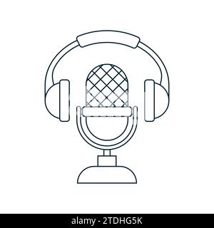 Podcast icon. Microphone and headphones. Outline symbol. Vector illustration in line style isolated on white background. Stock Vector