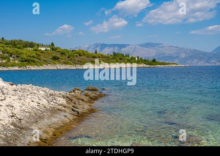 Looking towards the greek mainland from a beach near Elia Beach on the greek island of Meganisi Stock Photo