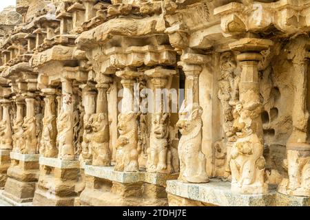 Kailasanathar temple ancient idol statues decoration, Kanchipuram, Tondaimandalam region, Tamil Nadu, South India Stock Photo