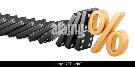 Crisis management, stop risk concept. Percent symbol stopped effect domino, 3D rendering isolated on white background Stock Photo