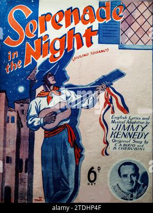 Vintage 1930s sheet music cover for 'Serenade in The Night', English lyrics and musical adaptation by Jimmy Kennedy. Original song by C a Bixio and B Cherubini. Stock Photo