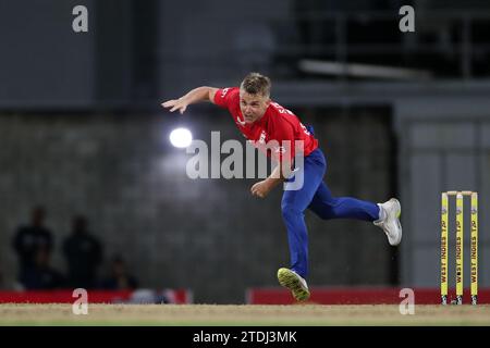 Sam Curran of England bowling during the 1st CG United T20 International match between West Indies and England at the Kensington Oval, Bridgetown on Tuesday 12th December 2023. (Photo: Mark Fletcher | MI News) Stock Photo