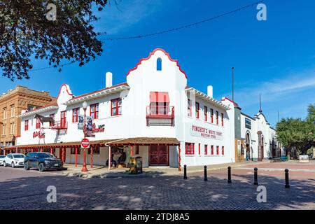 Fort Worth, Texas - November 5, 2023: old historic  building located in the famous Stockyards is now a shop and a Museum, Ft Worth, Texas, USA. Stock Photo