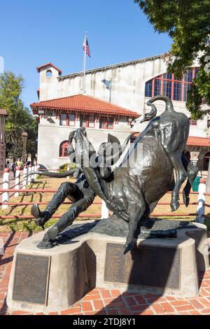 Fort Worth, Texas - November 4, 2023: Statue of the W. M. Pickett - the first steer wrestling statue in the Fort Worth Stockyards. Texas, United State Stock Photo