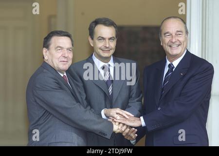 Madrid, 09/13/2004. Meeting at the Moncloa palace between Rodríguez Zapatero, Jacques Chirac and Gerhard Schröder. Photo Jaime García. Credit: Album / Archivo ABC / Jaime García Stock Photo