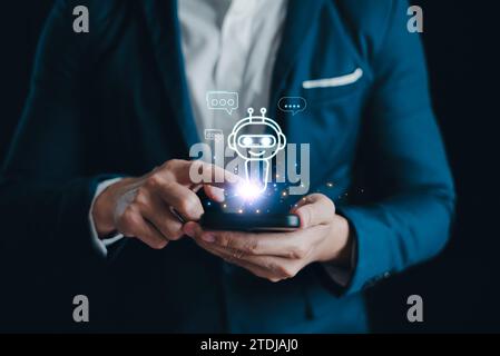 Chatbot Chat. AI, Artificial intelligence digital technology, Man use technology smart robot Ai, generate business data on website internet, Applicati Stock Photo