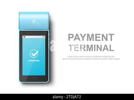 Vector 3d Blue NFC Payment Machine with Approved Status. Payment POS Terminal, Machine Design Template of Bank Payment Contactless Terminal, Mockup Stock Vector