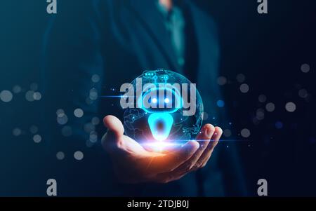 Chatbot Chat. AI, Artificial intelligence digital technology, Man use technology smart robot Ai, generate business data on website internet, Applicati Stock Photo