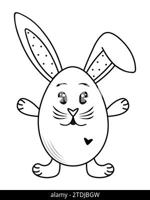 Cute and groovy hare wants your hugs. Easter rabbit in the shape of egg, vector black and white illustration Stock Vector