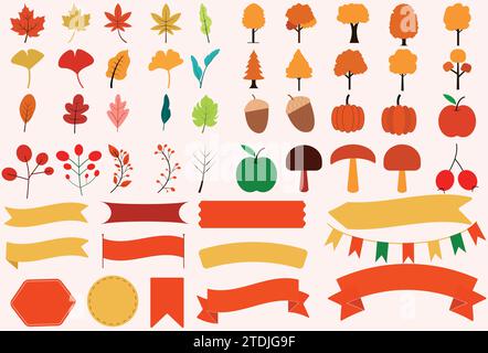 Autumn elements set decoration, icon, decoration frame ribbon illustrations vector icon simple autumn leaf maple leaf ginkgo leaf speech bubble fruits Stock Vector