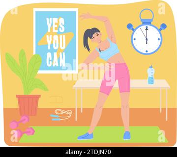 Fitness blogger do workout on camera in home studio background. Stock Vector