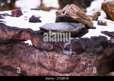 flat snowy boulder, slate canyon park, utah Stock Photo