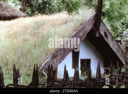 The Village Museum, Bucharest, Romania, approx. 1999. Display of a 19th century underground hut from Dolj County with grass growing on the roof. Stock Photo