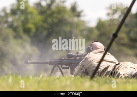 Illinois Army National Guard Soldiers from 106th Cavalry 50 caliber sniper rifle training at Range 2 during unit annual training at Fort McCoy, Wis. Stock Photo