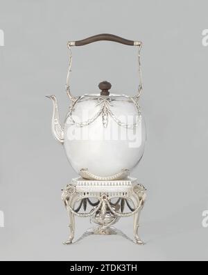 Bouilloire, spherical, with applivated garlands, belonging to Komfoor,  Martinus Logerath, 1772 Bouilloire. The spherical vessel with short, curved  spout is decorated with appliqued leaf guirandes. Amsterdam silver (metal).  purpleheart (wood) Bouilloire