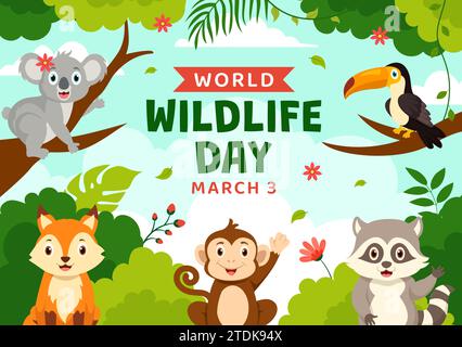 World Wildlife Day Vector Illustration on March 3 with Various a Animals to Protection Animal and Preserve Their Habitat in Forest in Flat Background Stock Vector
